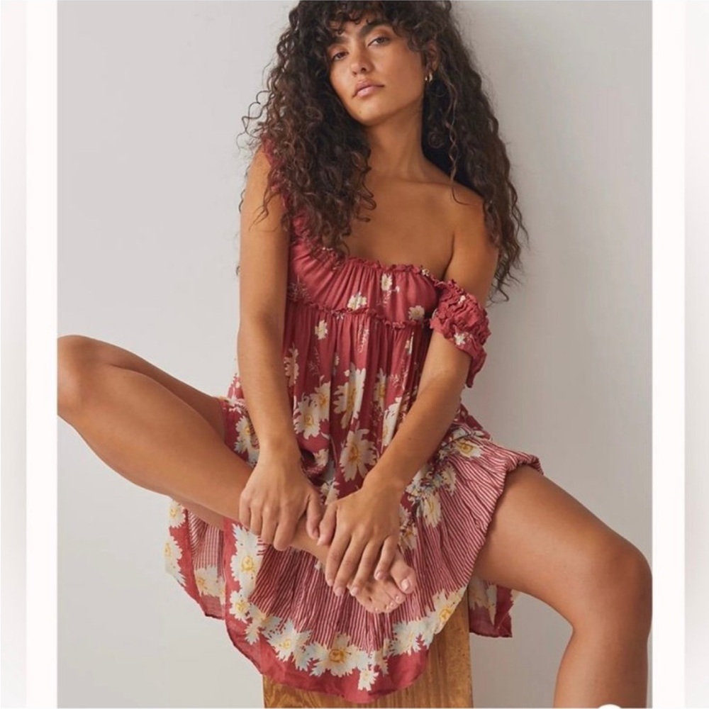 Free People Bali Wild Daisy Slip Mini Ruffled Crisscross Dress Floral Slip